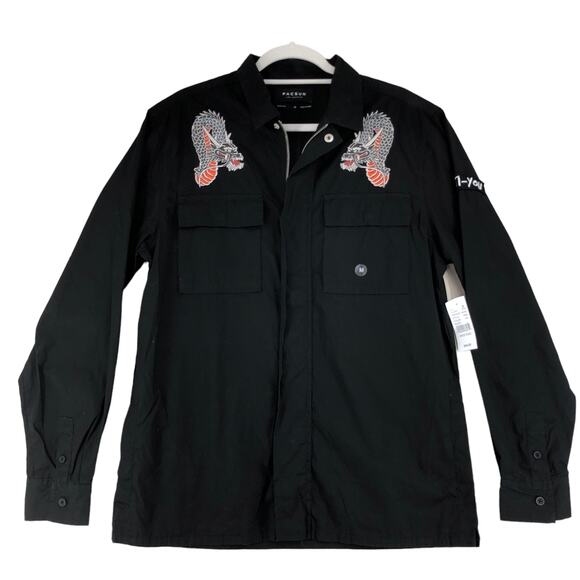 Pacsun Mens Sz M Full Zip Shacket Boxy Fit Embroidered Chinese Dragon Black NEW